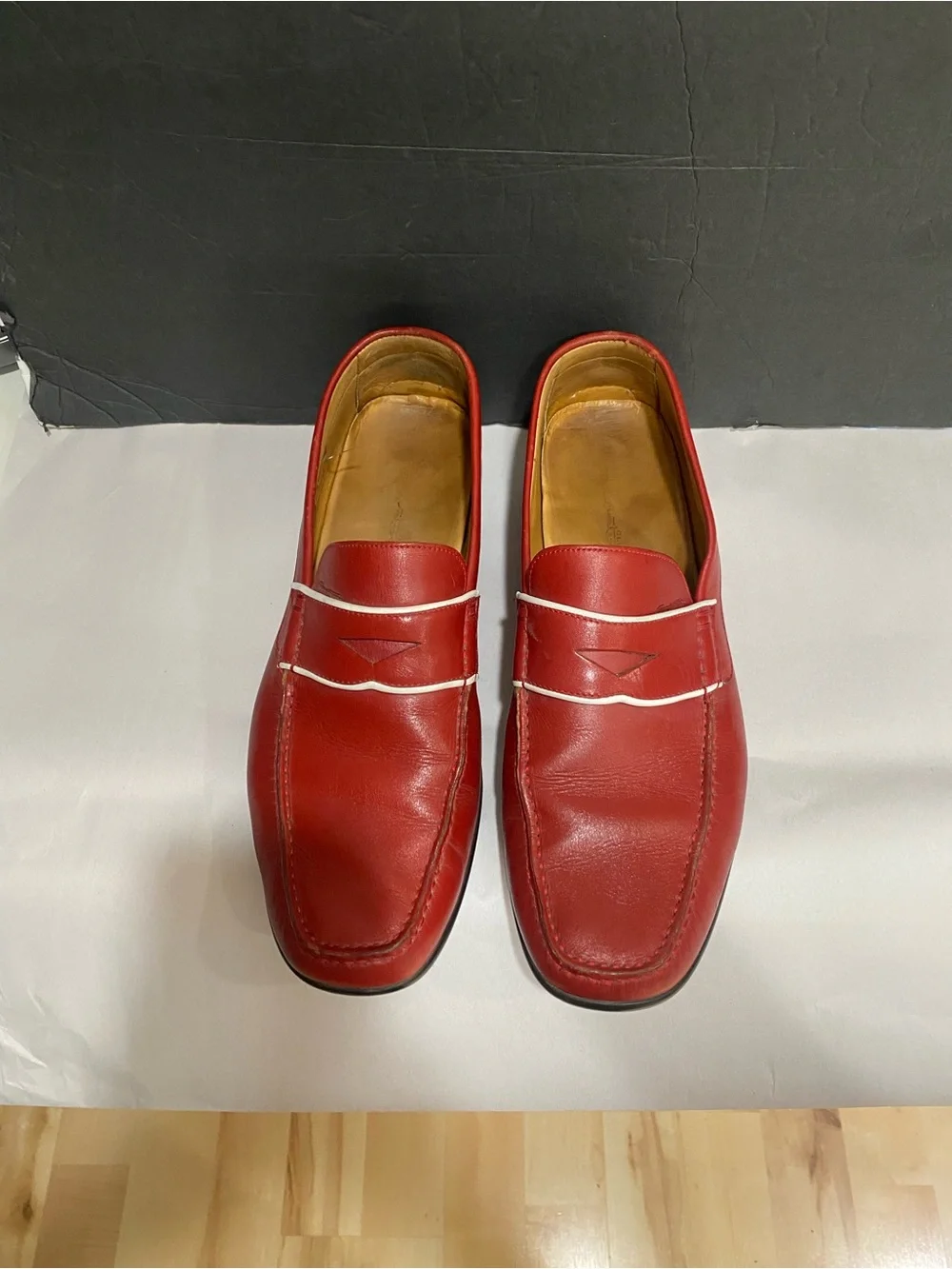 Santino Men's Red Leather Penny Loafers – White Piping Accent Sz 10